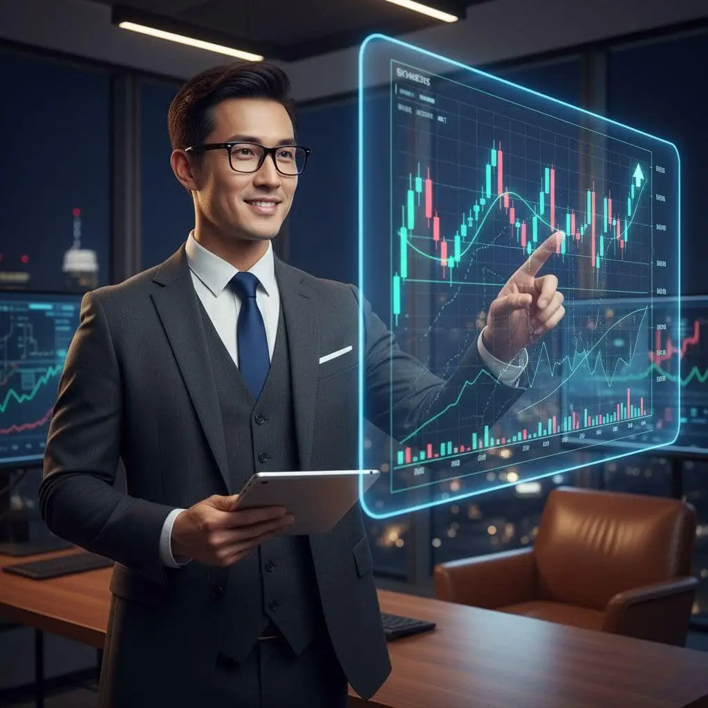專業投資交易員在辦公室分析股市走勢圖，掌握股票趨勢與投資策略
