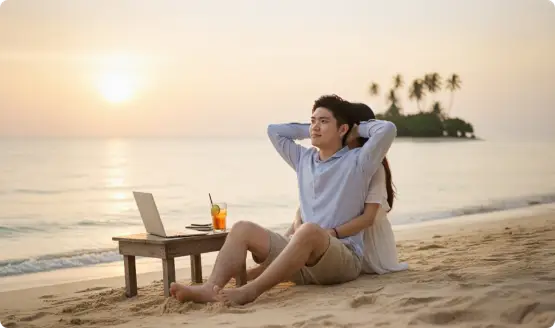 Rich Cheung 張富有與太太在海邊遠距工作，享受財富自由與時間自由的生活方式