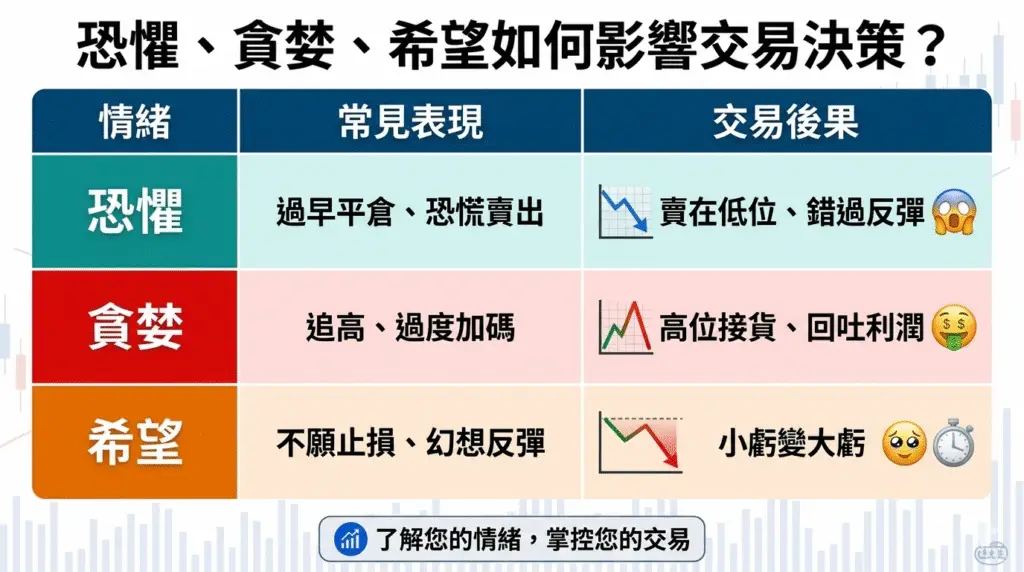 情緒對比表格圖：恐懼、貪婪、希望如何影響交易決策