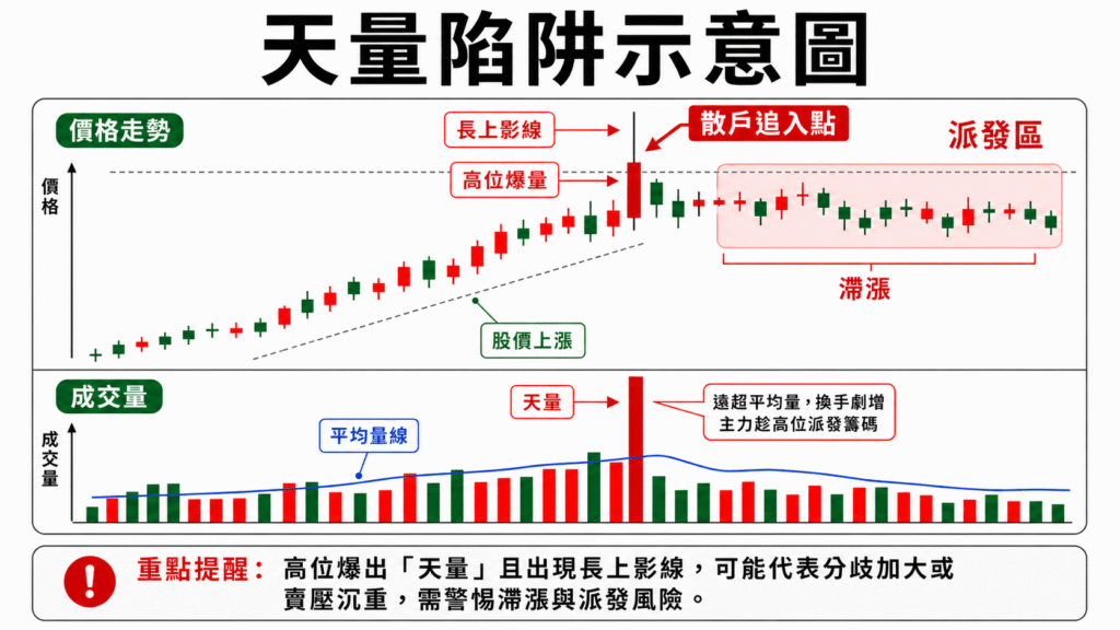 天量陷阱：高位爆量配合長上影線的示意圖