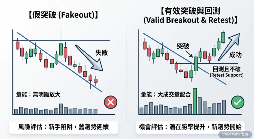 突破判斷對照圖：假突破vs.有效突破