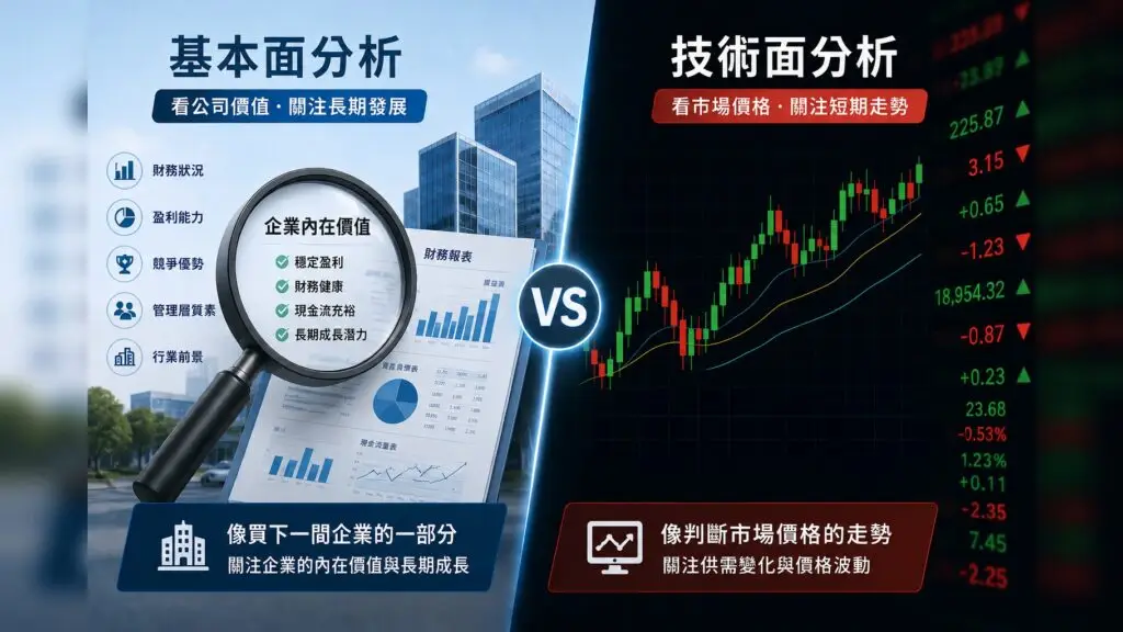 基本面分析與技術面分析比較圖，解析股票投資策略與市場趨勢判斷差異
