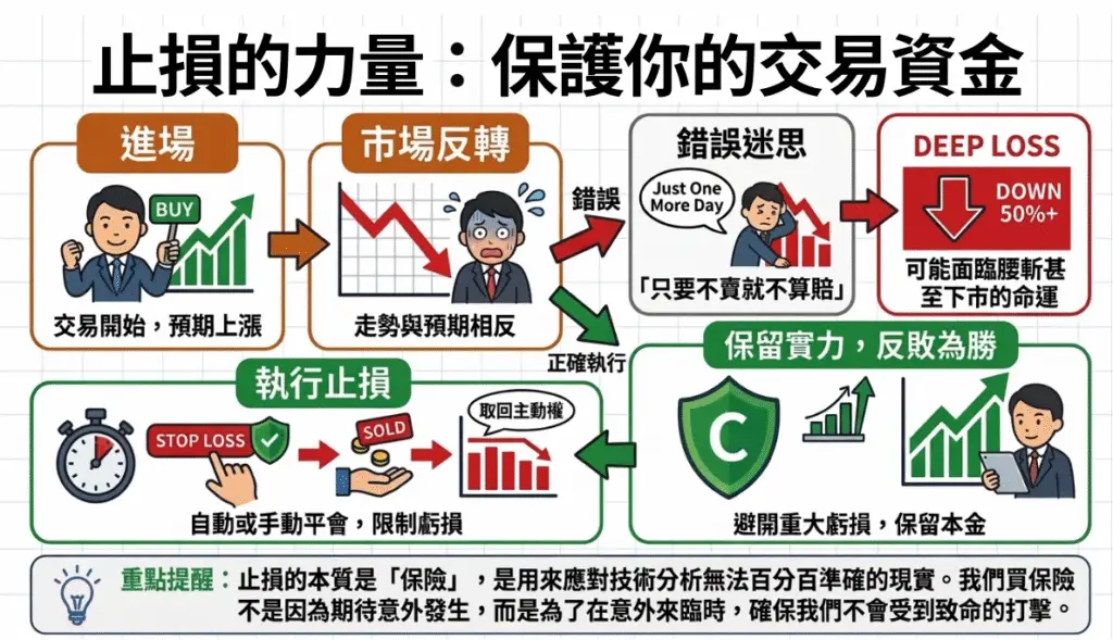 交易流程圖：從進場、面臨市場反轉、執行止損到保留實力反敗為勝的循環