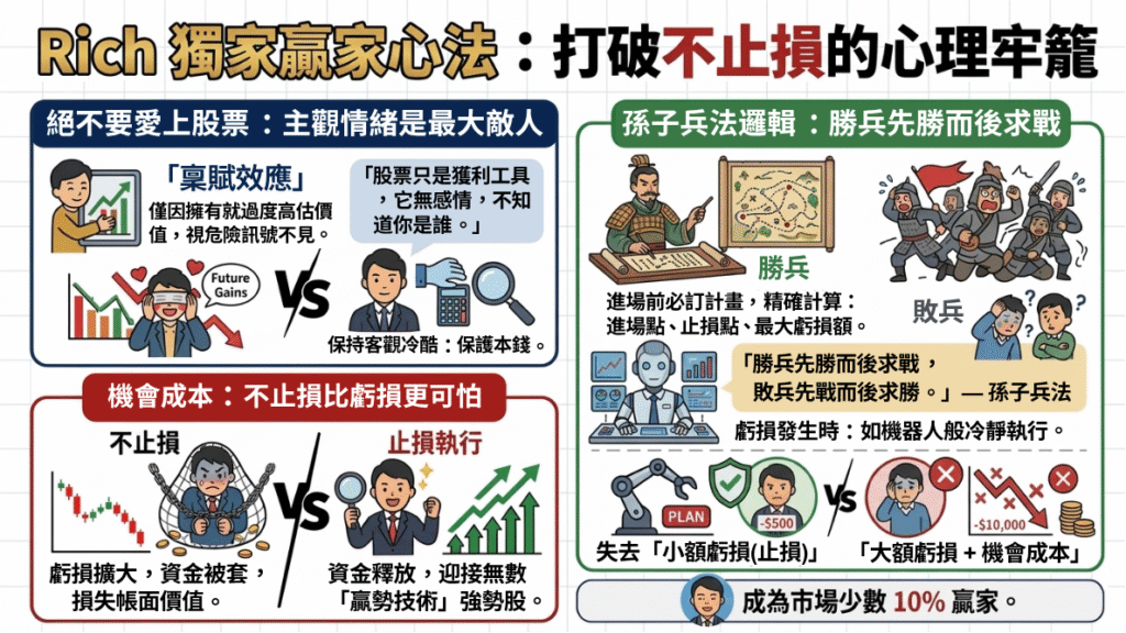 對比圖：對股票主觀情緒、孫子兵法邏輯、機會成本示意