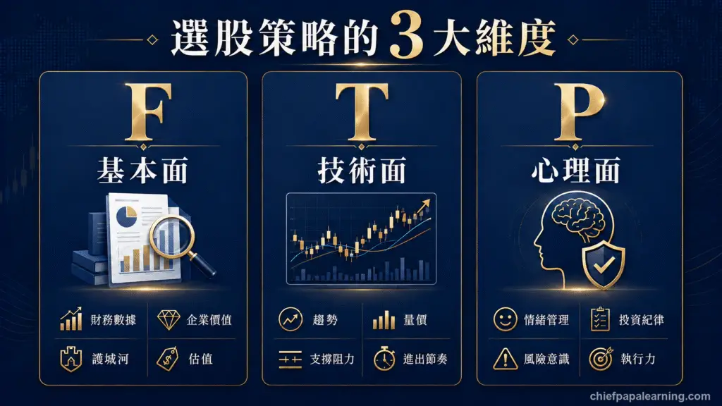 選股策略的三大維度資訊圖，並列基本面、技術面、心理面 F.T.P. 框架及各自分析重點
