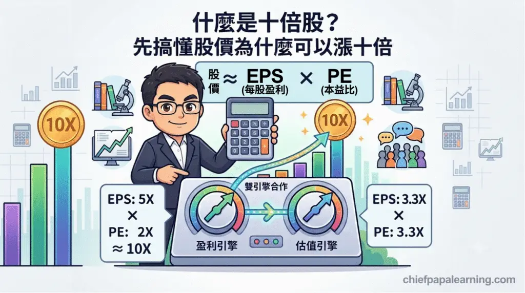 十倍股股價上漲原理示意圖：股價約等於 EPS（每股盈利）乘以 PE（本益比），透過盈利增長與估值提升兩大引擎示意股票如何實現約十倍漲幅。