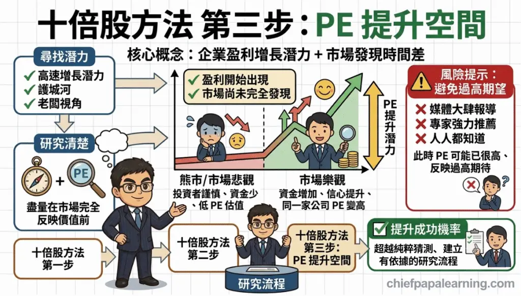 十倍股選股方法第三步示意圖：分析企業盈利增長潛力、市場發現時間差與 PE 估值提升空間