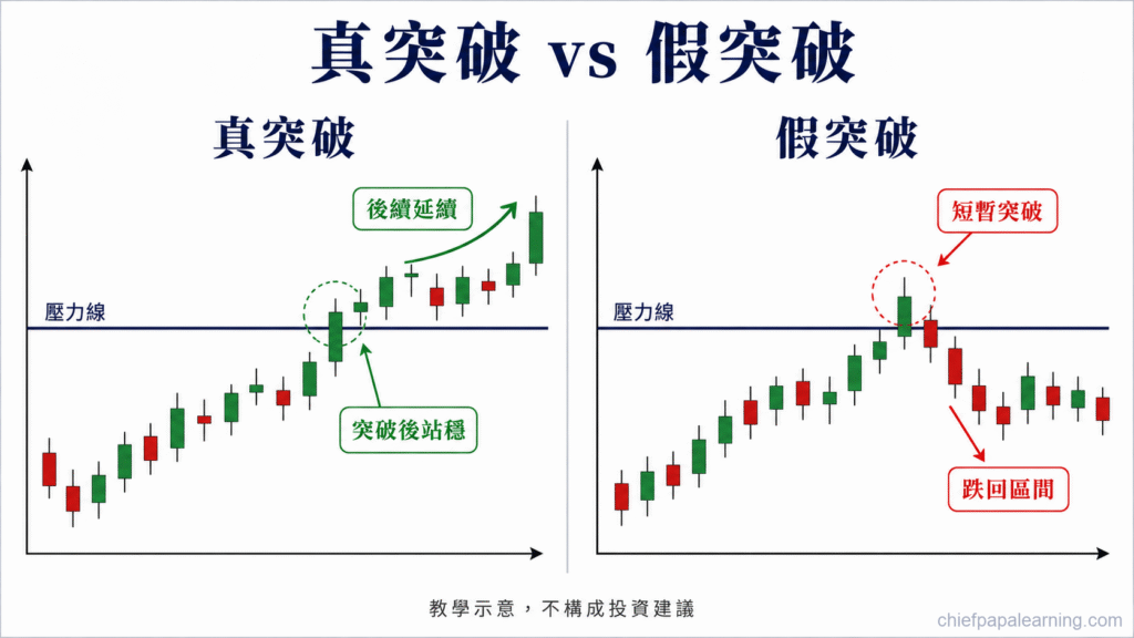 假突破對比圖，呈現真突破站穩壓力線與跌回區間