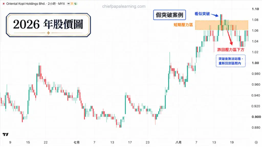 假突破案例圖，標示股價一度越過短期壓力區後又重新跌回下方的走勢